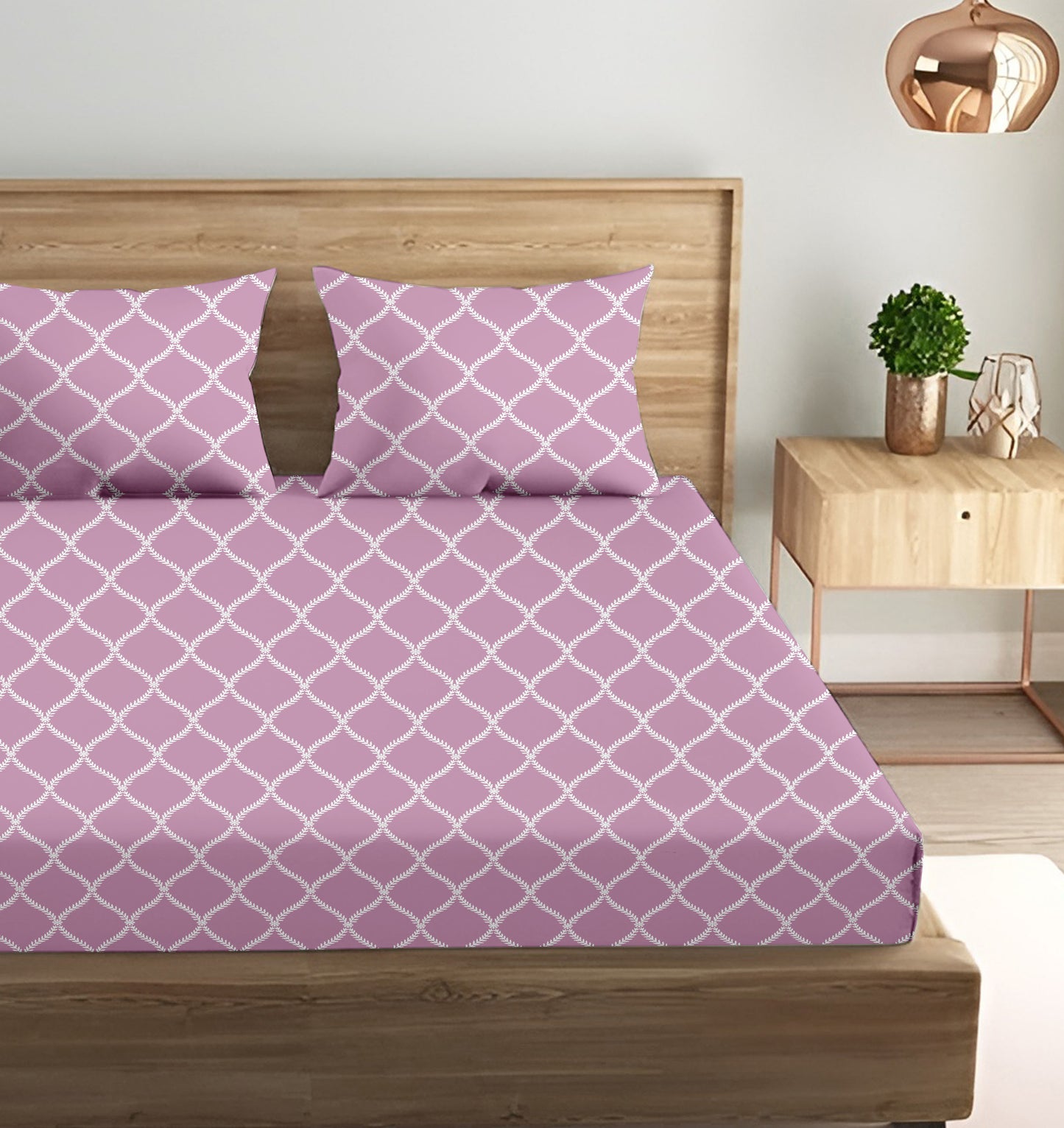 Oak & Lily King Size Bedsheet – Blossom Leaves Sea Green, Pink, Lt Grey | 210 TC | 100% Cotton | Flat | 2 Pillow Covers | Soft, Breathable, European Quality