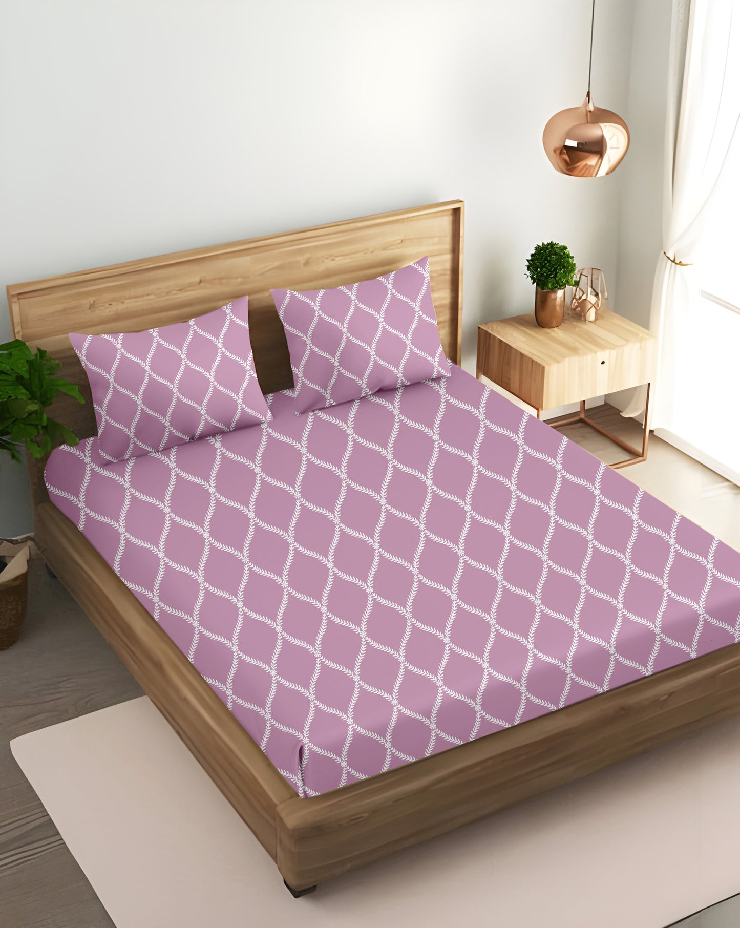 Oak & Lily King Size Bedsheet – Blossom Leaves Sea Green, Pink, Lt Grey | 210 TC | 100% Cotton | Flat | 2 Pillow Covers | Soft, Breathable, European Quality