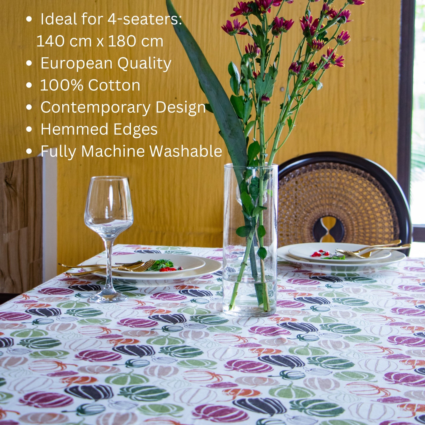 Oak & Lily Table Cloth – Pumpkin Multicolour Print | 100% Cotton | Anti-Slip | Premium European Quality | 4-Seater Dining Table Cover