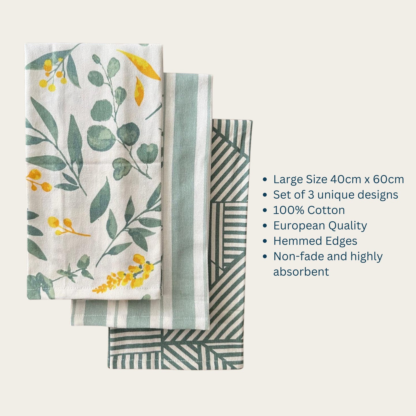 Oak & Lily Kitchen Towels – Sage Green & Yellow Flowers, Stripe & Geometric | Set of 3 | 100% Cotton | European Quality | Super Absorbent & Anti-Bacterial