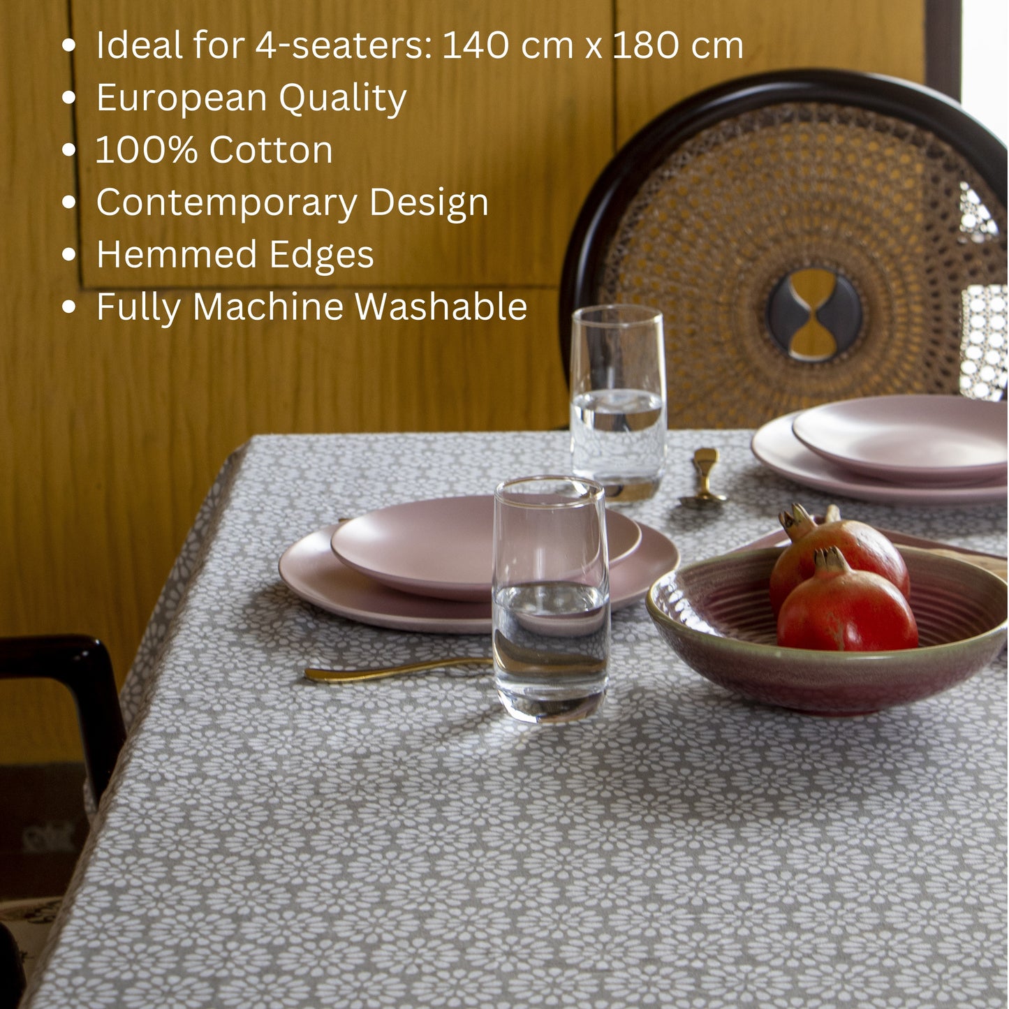 Oak & Lily Table Cloth – White & Grey Floral Geometric Print | 100% Cotton | Anti-Slip | Premium European Quality | 4-Seater Dining Table Cover