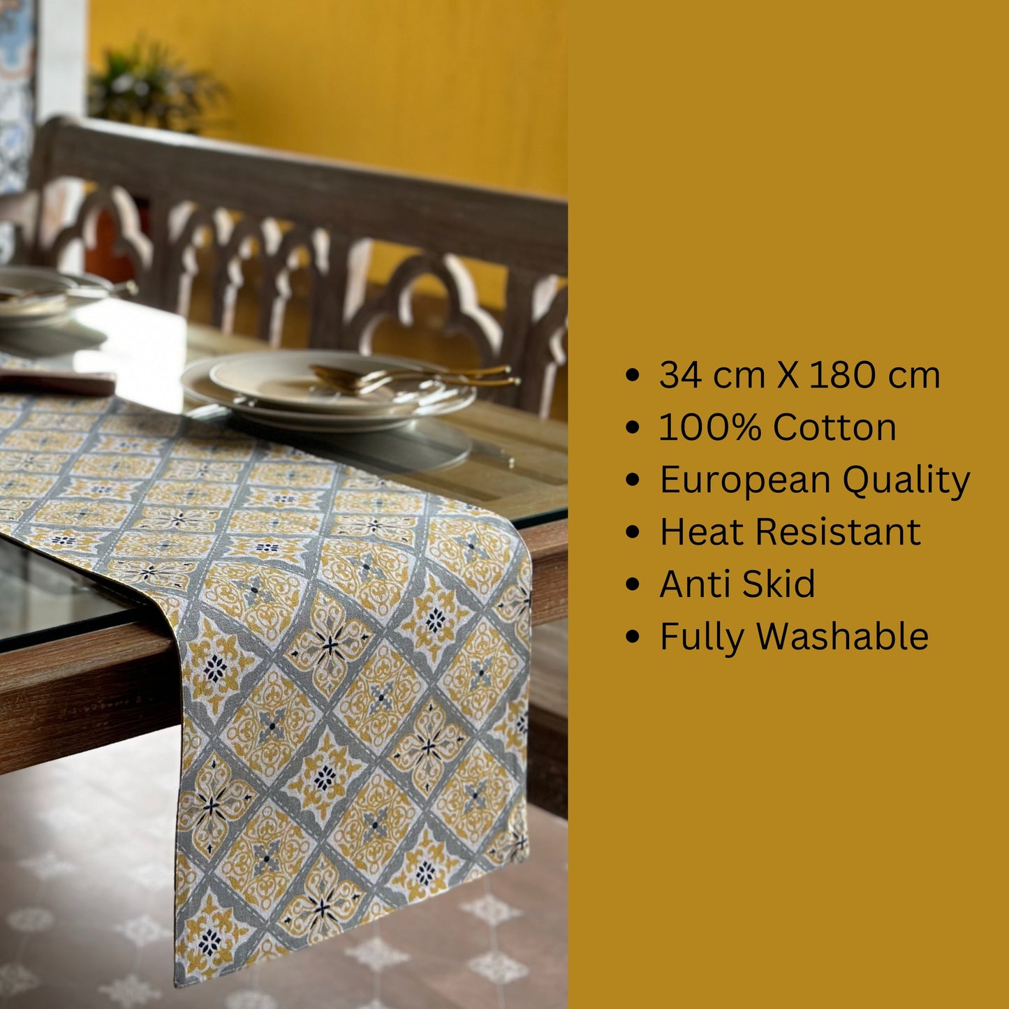 Oak & Lily Table Runner – Yellow & Grey Ethnic Print | 100% Cotton | Heat Resistant | Premium European Quality