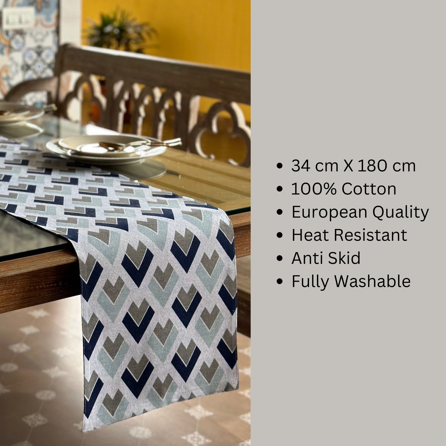 Oak & Lily Table Runner – Blue & Grey Geometric Print | 100% Cotton | Heat Resistant | Premium European Quality
