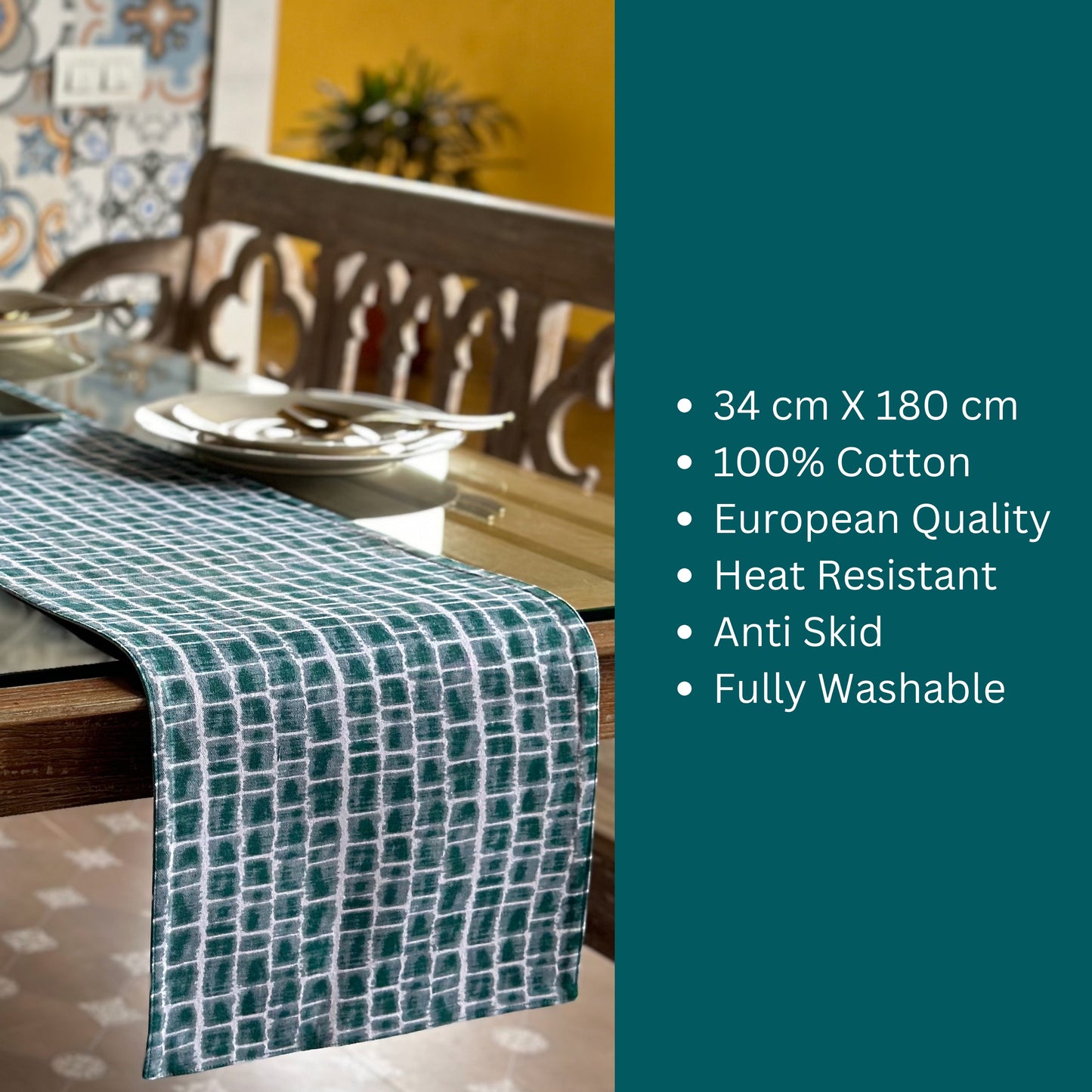 Oak & Lily Table Runner – Green & White Geometric Print | 100% Cotton | Heat Resistant | Premium European Quality