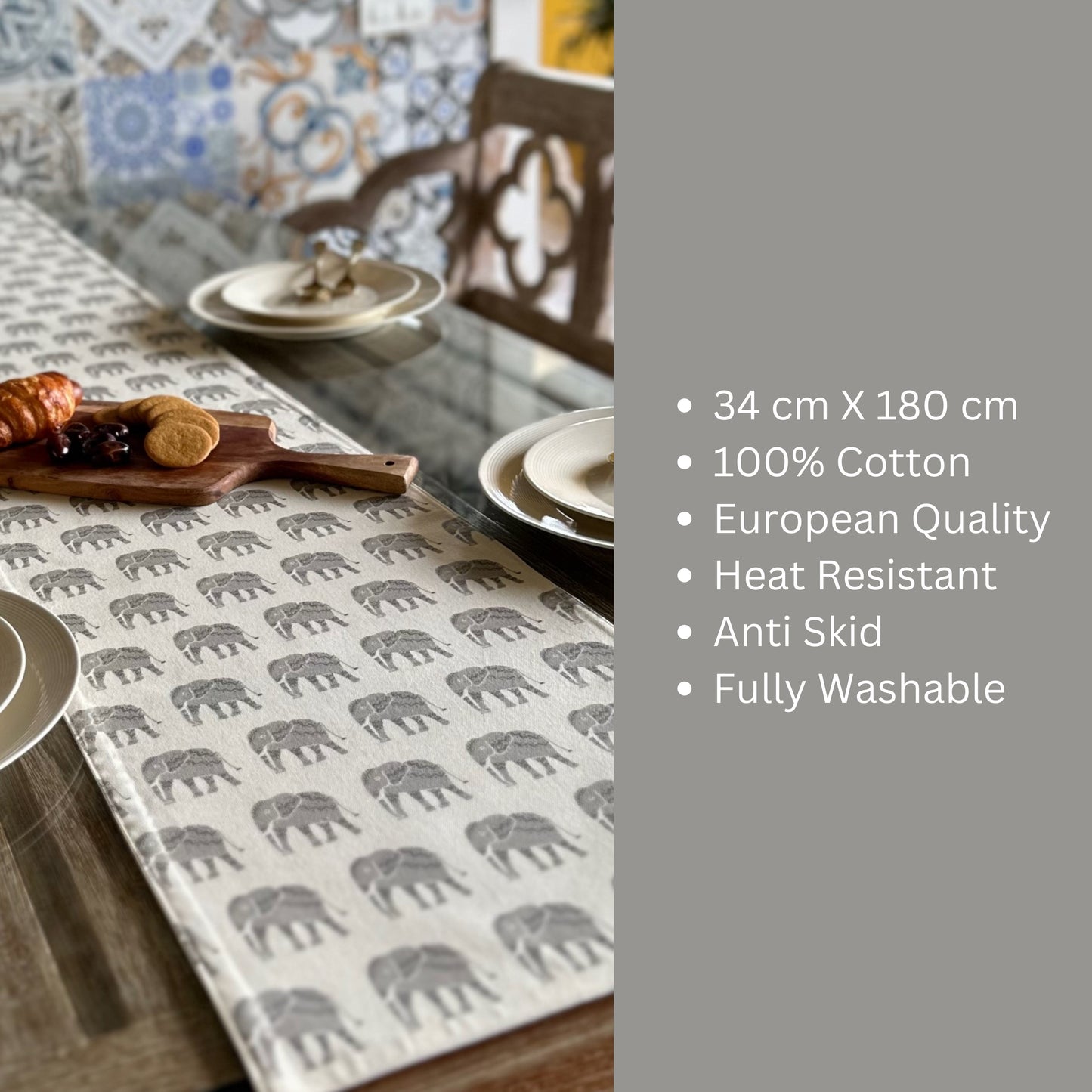 Oak & Lily Table Runner – Grey & Ivory Elephant Print | 100% Cotton | Premium European Quality