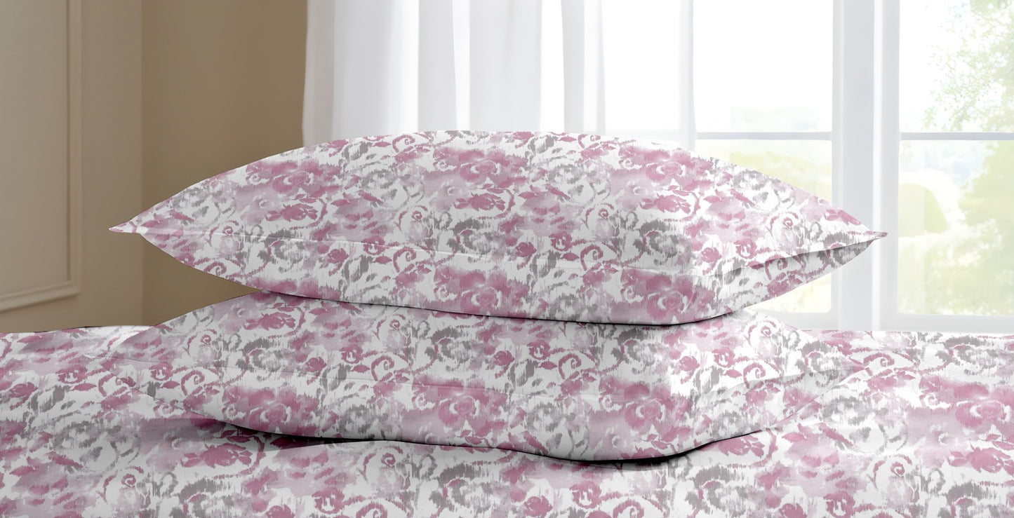Oak & Lily King Size Bedsheet – Pastel Flora Sea Green, Purple & Pink | 210 TC | 100% Cotton | 2 Pillow Covers | European Quality