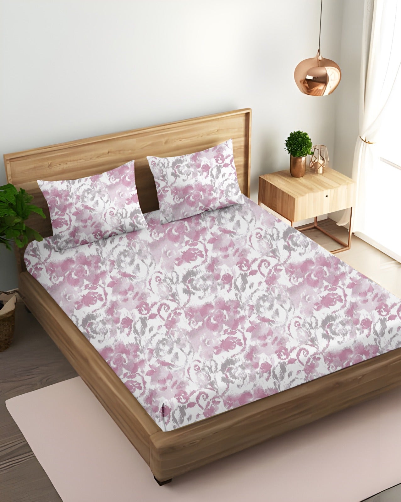 Oak & Lily King Size Bedsheet – Pastel Flora Sea Green, Purple & Pink | 210 TC | 100% Cotton | 2 Pillow Covers | European Quality