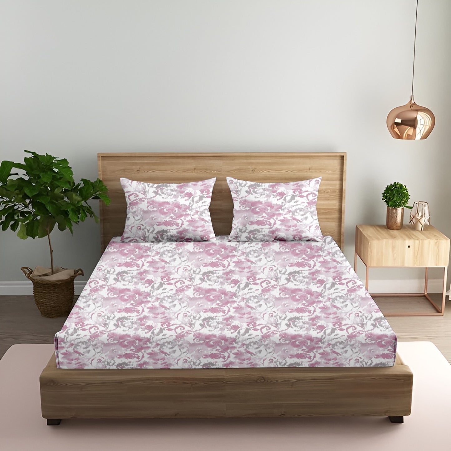 Oak & Lily King Size Bedsheet – Pastel Flora Sea Green, Purple & Pink | 210 TC | 100% Cotton | 2 Pillow Covers | European Quality