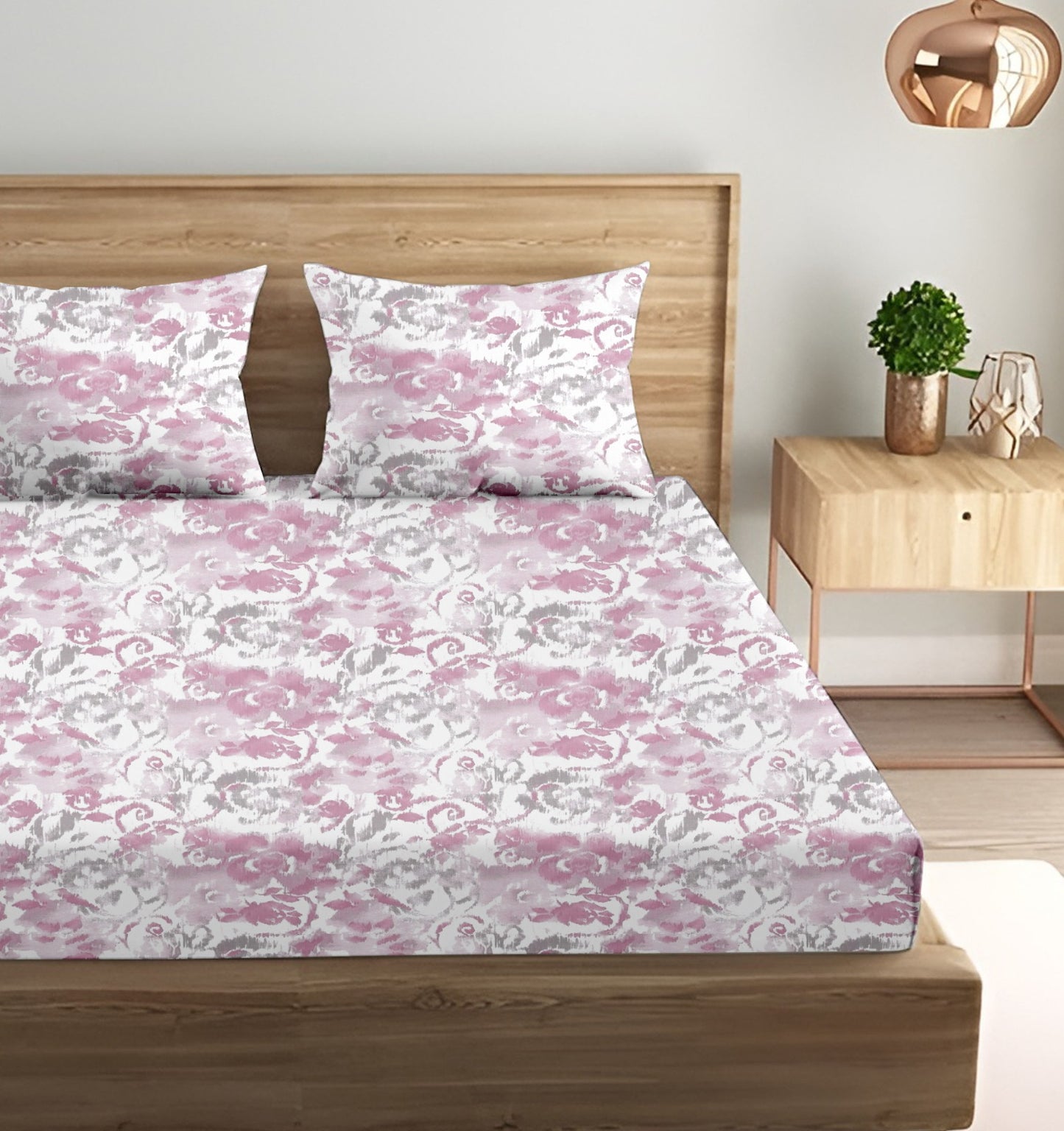 Oak & Lily King Size Bedsheet – Pastel Flora Sea Green, Purple & Pink | 210 TC | 100% Cotton | 2 Pillow Covers | European Quality
