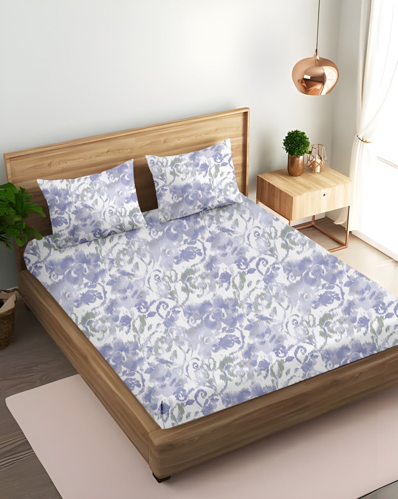 Oak & Lily King Size Bedsheet – Pastel Flora Sea Green, Purple & Pink | 210 TC | 100% Cotton | 2 Pillow Covers | European Quality