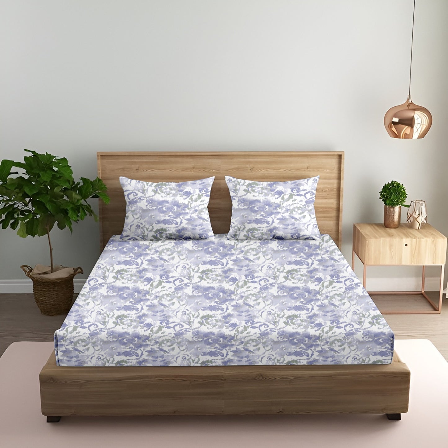 Oak & Lily King Size Bedsheet – Pastel Flora Sea Green, Purple & Pink | 210 TC | 100% Cotton | 2 Pillow Covers | European Quality