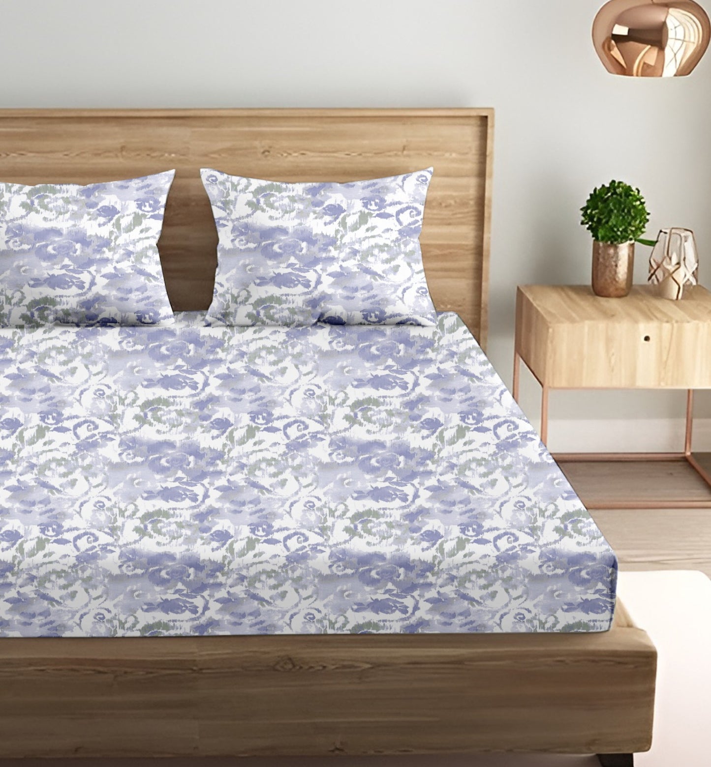 Oak & Lily King Size Bedsheet – Pastel Flora Sea Green, Purple & Pink | 210 TC | 100% Cotton | 2 Pillow Covers | European Quality