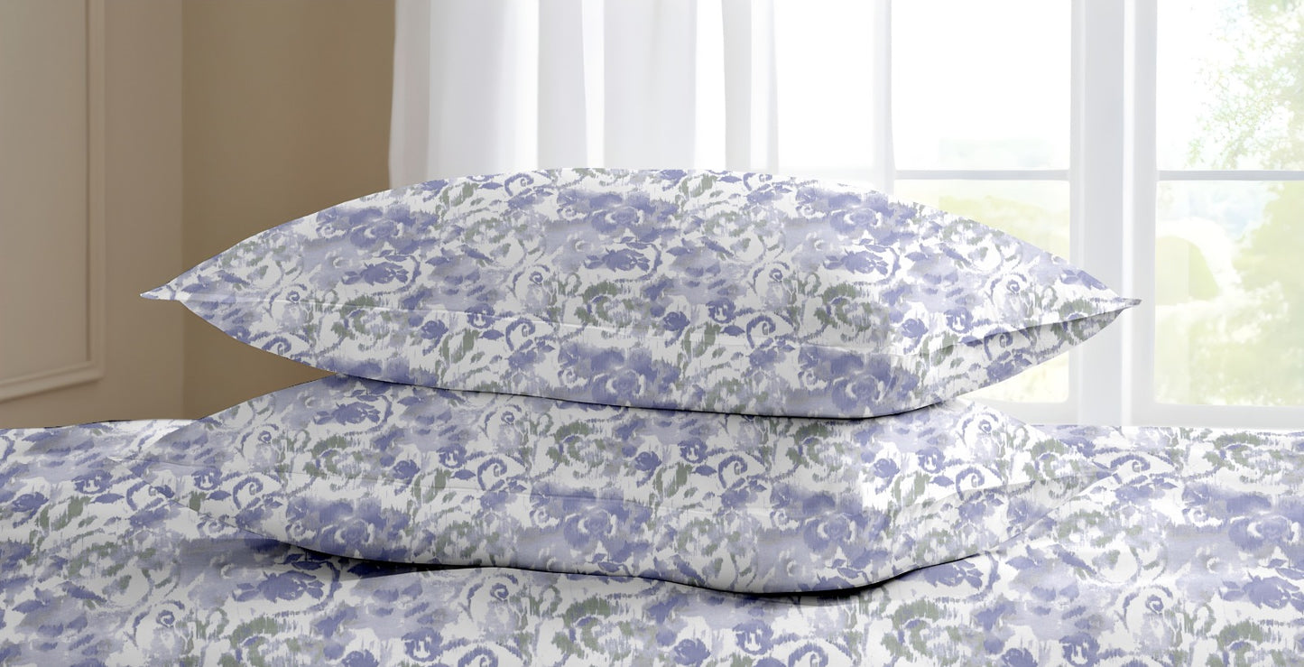 Oak & Lily King Size Bedsheet – Pastel Flora Sea Green, Purple & Pink | 210 TC | 100% Cotton | 2 Pillow Covers | European Quality