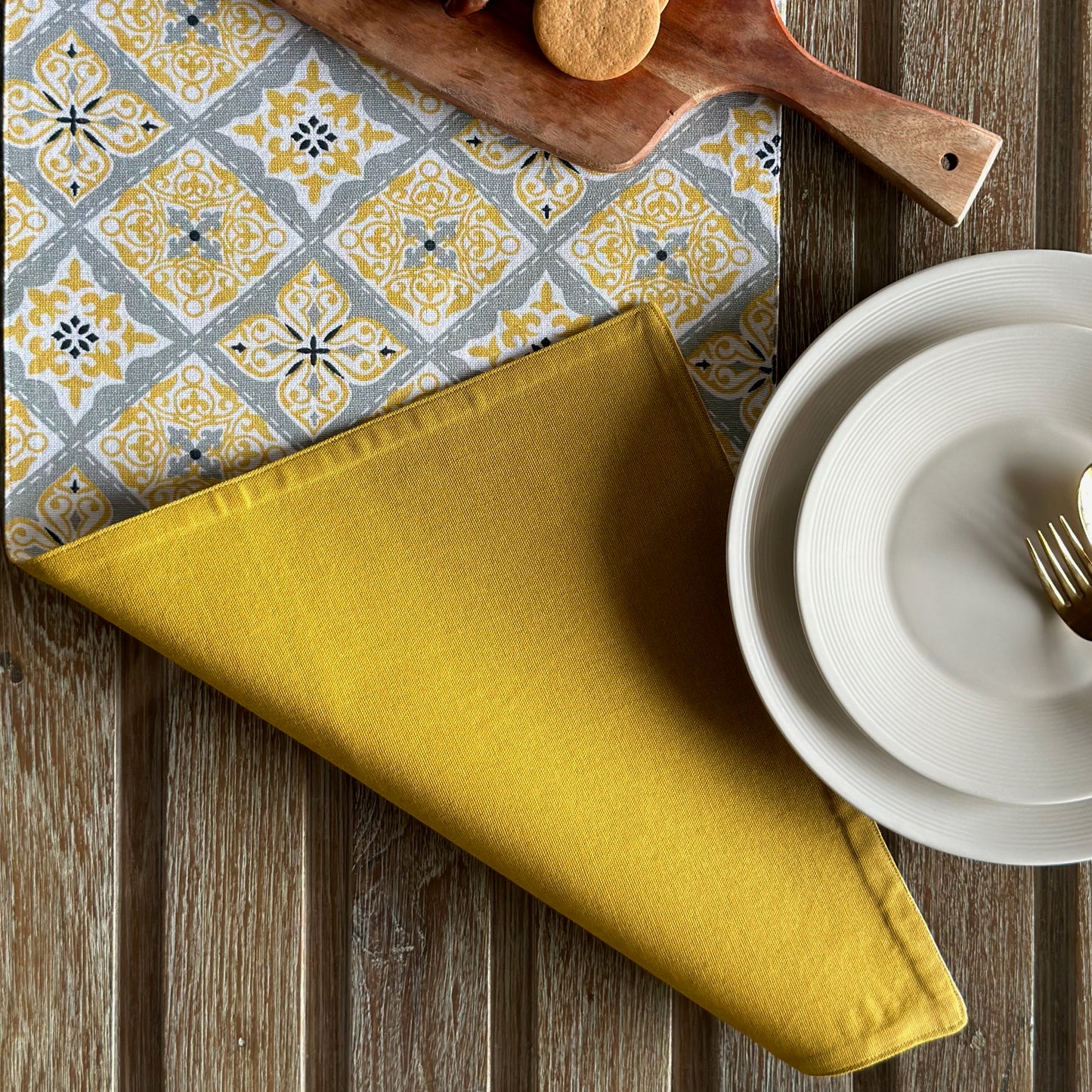 Yellow & Grey Ethnic Print Table Runner & Placemats Set