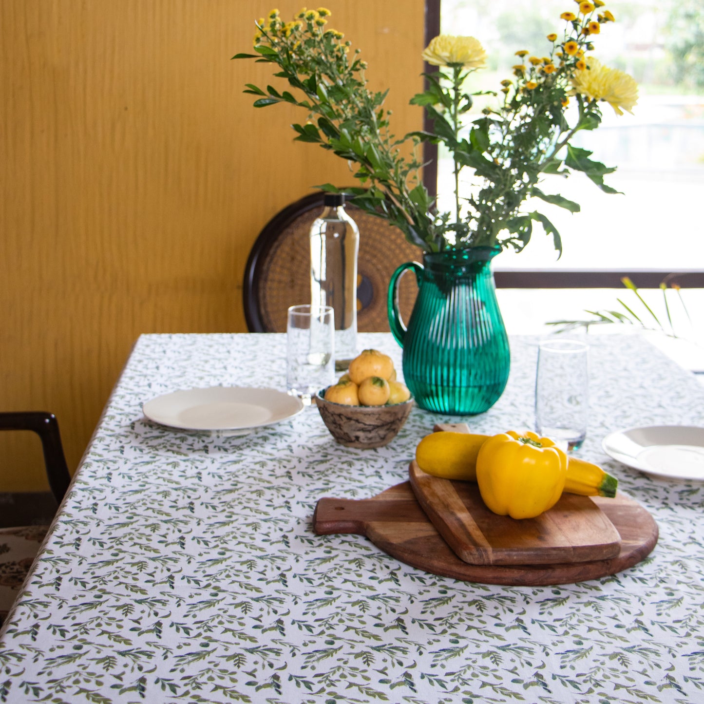 Oak & Lily Table Cloth – Green Leaf & Cherry Print | 100% Cotton | Anti-Slip | Premium European Quality | 4-Seater Dining Table Cover