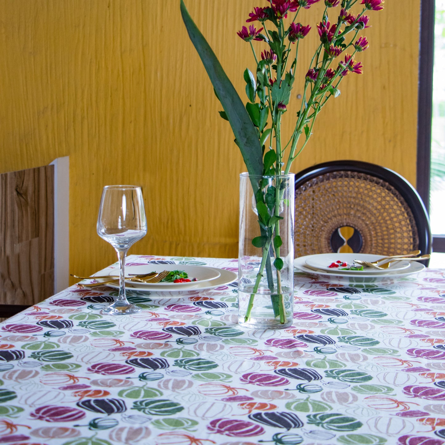 Oak & Lily Table Cloth – Pumpkin Multicolour Print | 100% Cotton | Anti-Slip | Premium European Quality | 4-Seater Dining Table Cover