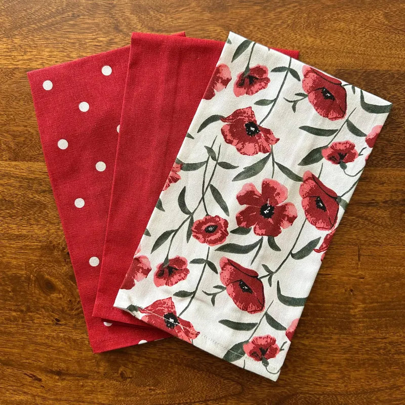 Red Poppy Flower Print Kitchen Linen Set | Apron with Kitchen Napkins & Pot Holder