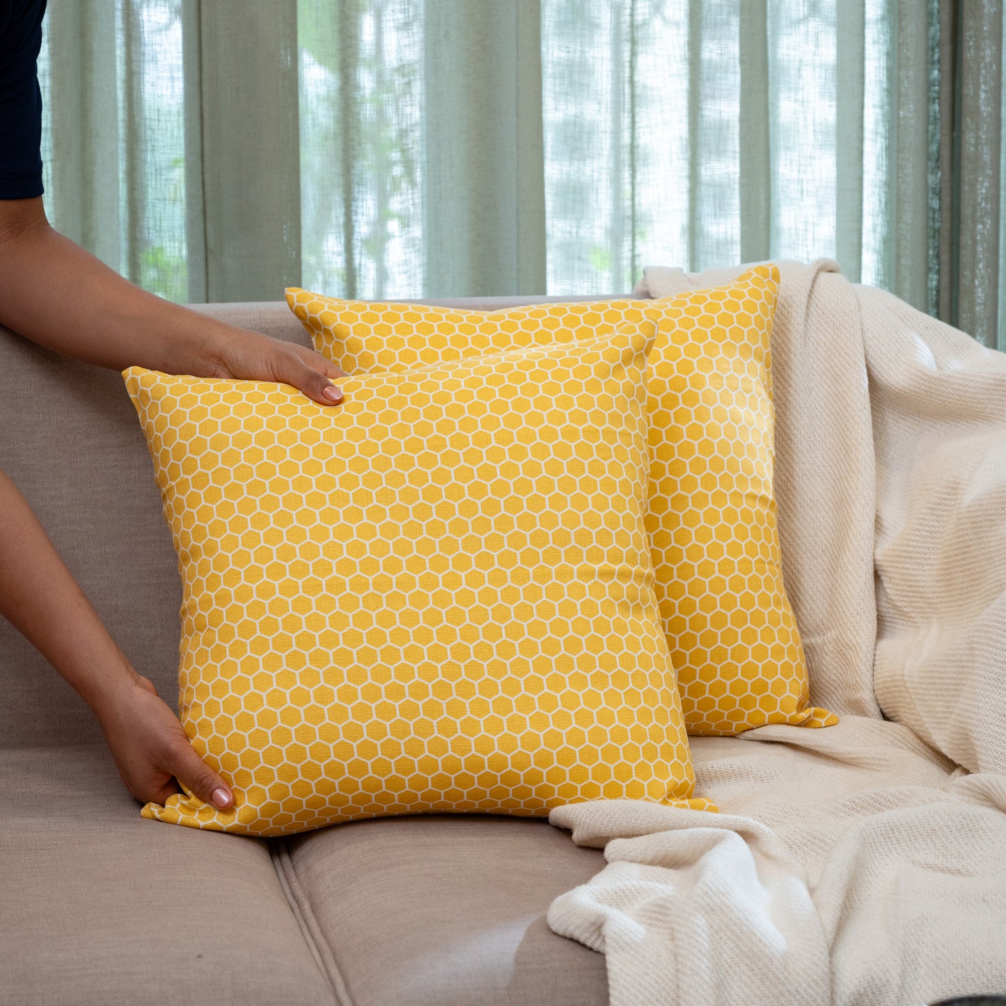 Oak & Lily Yellow Check Cotton Cushion Cover | 100% Pure Cotton | Soft, Bright & Washable | Premium European Quality