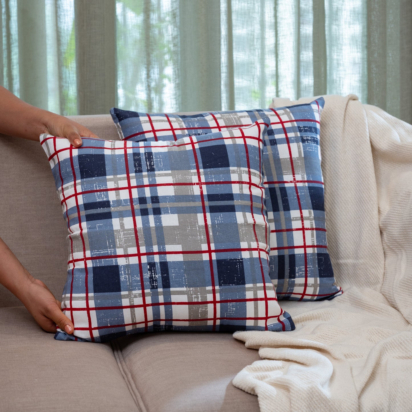 Oak & Lily Blue Check Cotton Cushion Cover | 100% Pure Cotton | Soft, Durable & Washable | European Quality