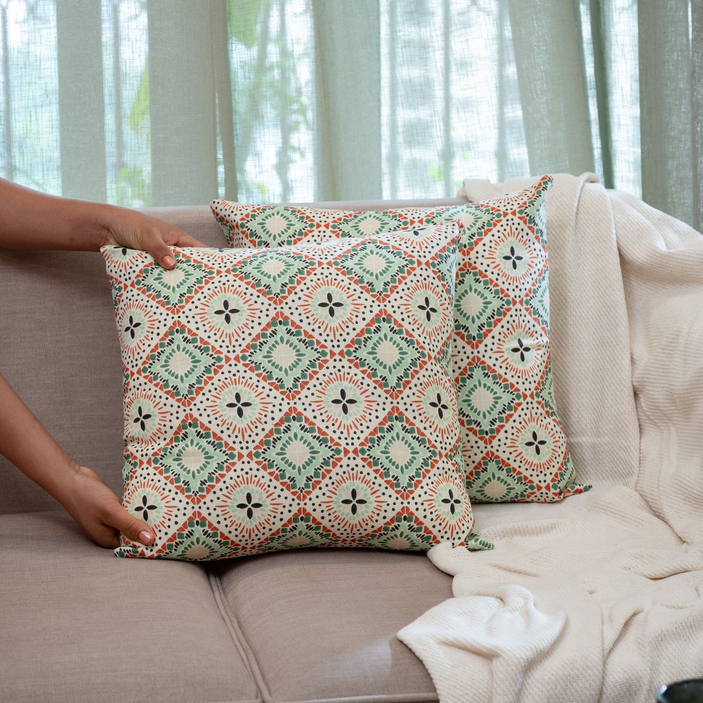 Oak & Lily Bogimmia Multicolour Ethnic Print Cotton Cushion Cover | 100% Pure Cotton | Soft, Durable & Washable | European Quality