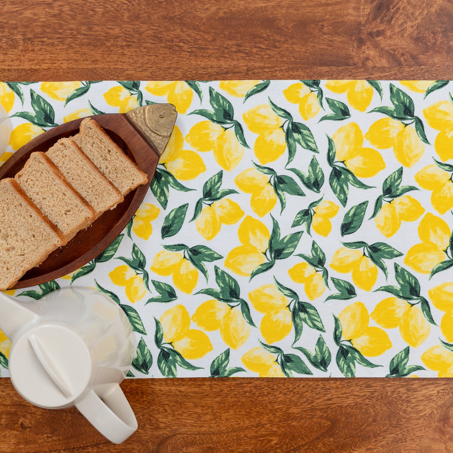 Oak & Lily Table Runner – Yellow & Green Lemon Print | 100% Cotton | Premium European Quality