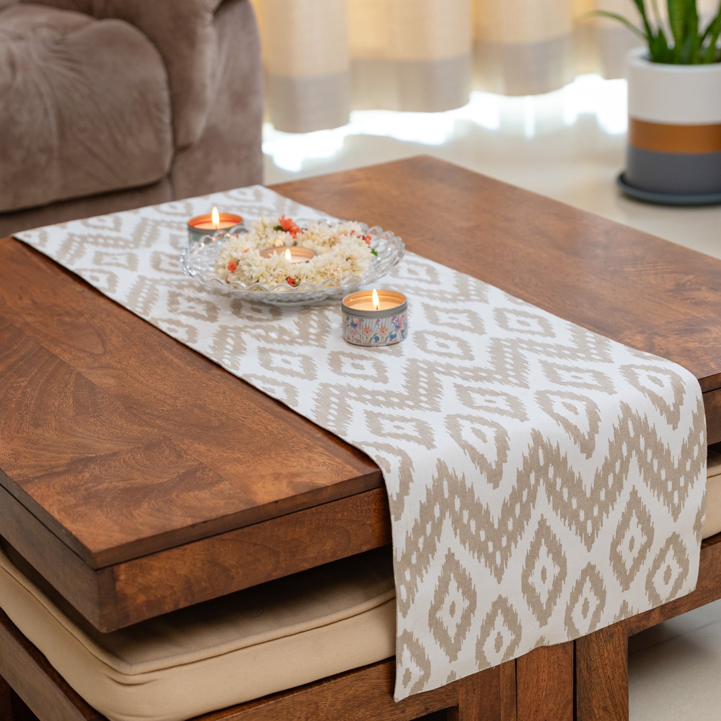 Oak & Lily Table Runner – Ivory & Beige Ikat Print | 100% Cotton | Premium European Quality