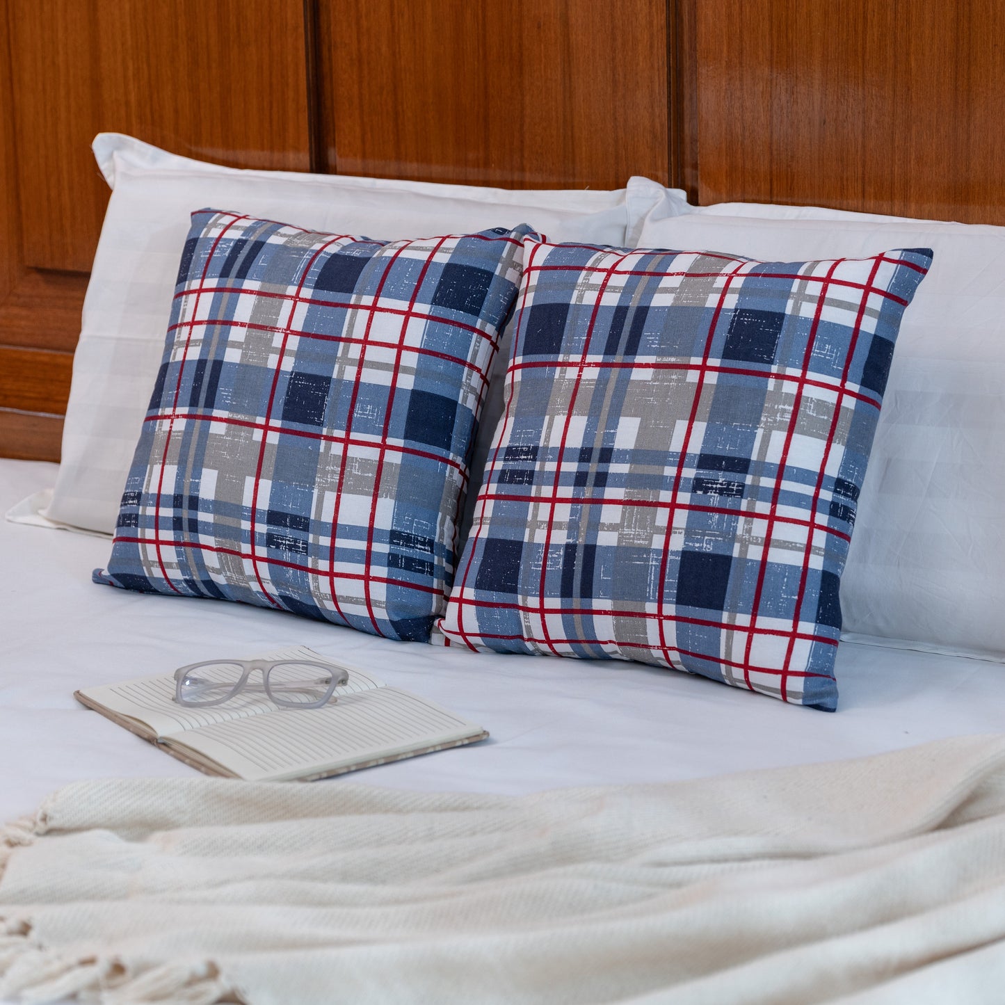 Oak & Lily Blue Check Cotton Cushion Cover | 100% Pure Cotton | Soft, Durable & Washable | European Quality
