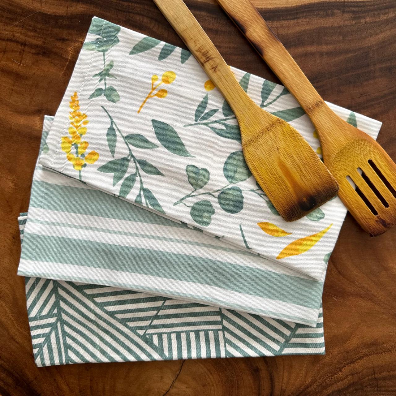 Oak & Lily Kitchen Towels – Sage Green & Yellow Flowers, Stripe & Geometric | Set of 3 | 100% Cotton | European Quality | Super Absorbent & Anti-Bacterial