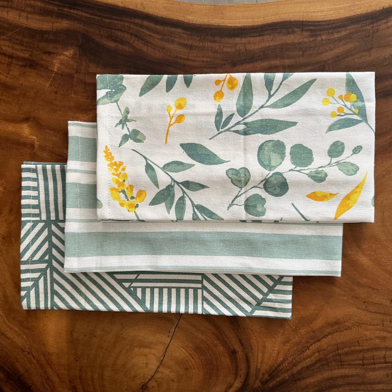 Oak & Lily Kitchen Towels – Sage Green & Yellow Flowers, Stripe & Geometric | Set of 3 | 100% Cotton | European Quality | Super Absorbent & Anti-Bacterial