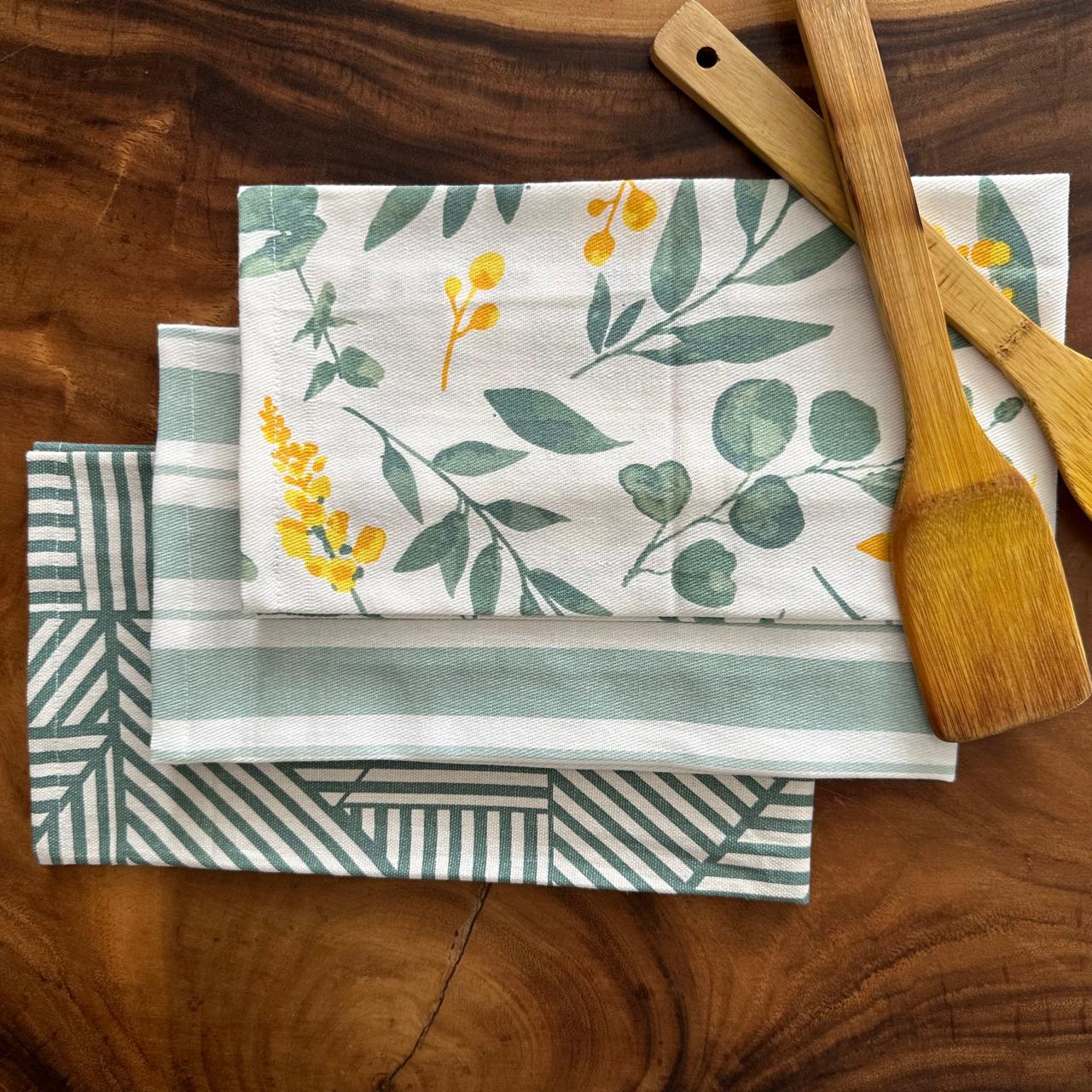 Oak & Lily Kitchen Towels – Sage Green & Yellow Flowers, Stripe & Geometric | Set of 3 | 100% Cotton | European Quality | Super Absorbent & Anti-Bacterial