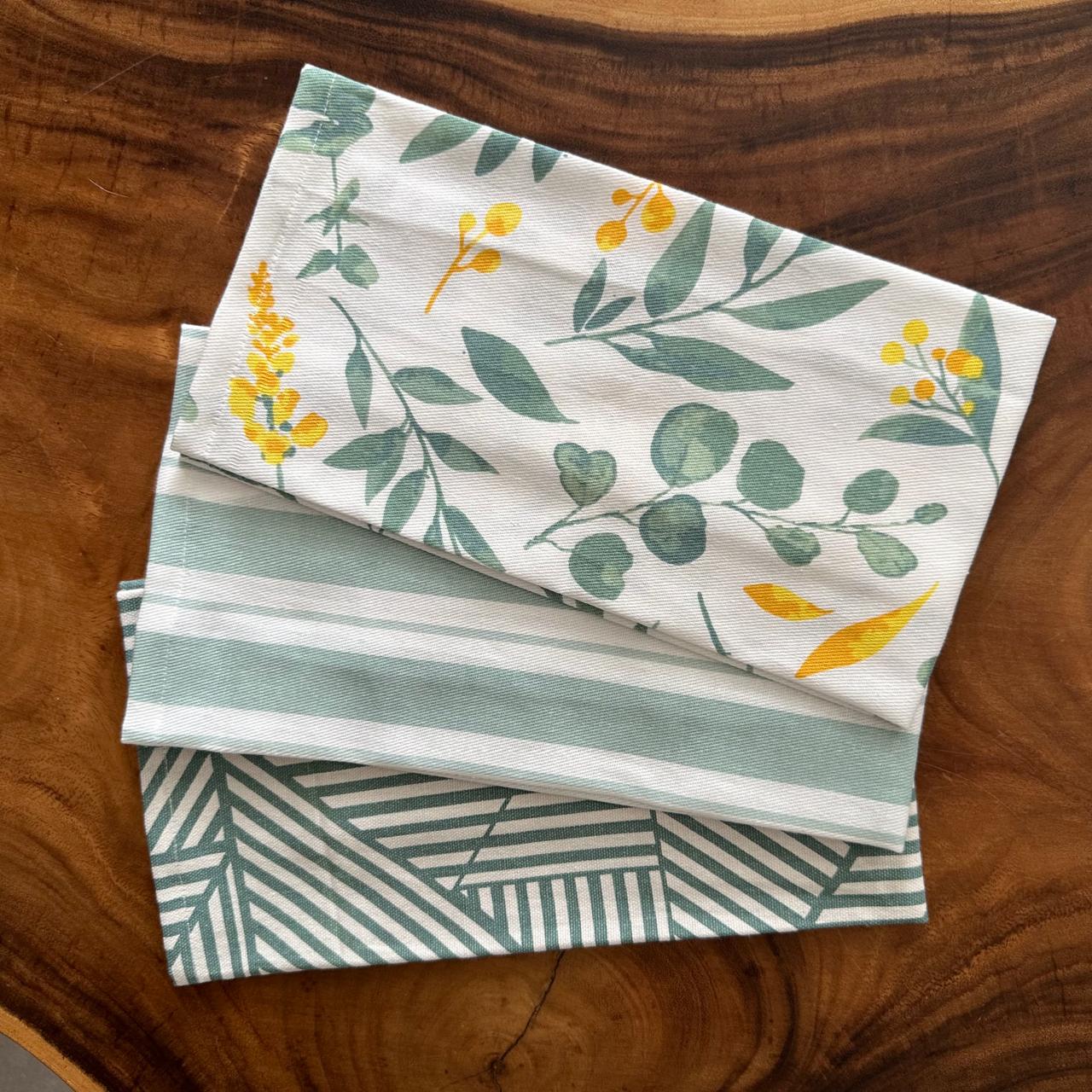 Oak & Lily Kitchen Towels – Sage Green & Yellow Flowers, Stripe & Geometric | Set of 3 | 100% Cotton | European Quality | Super Absorbent & Anti-Bacterial