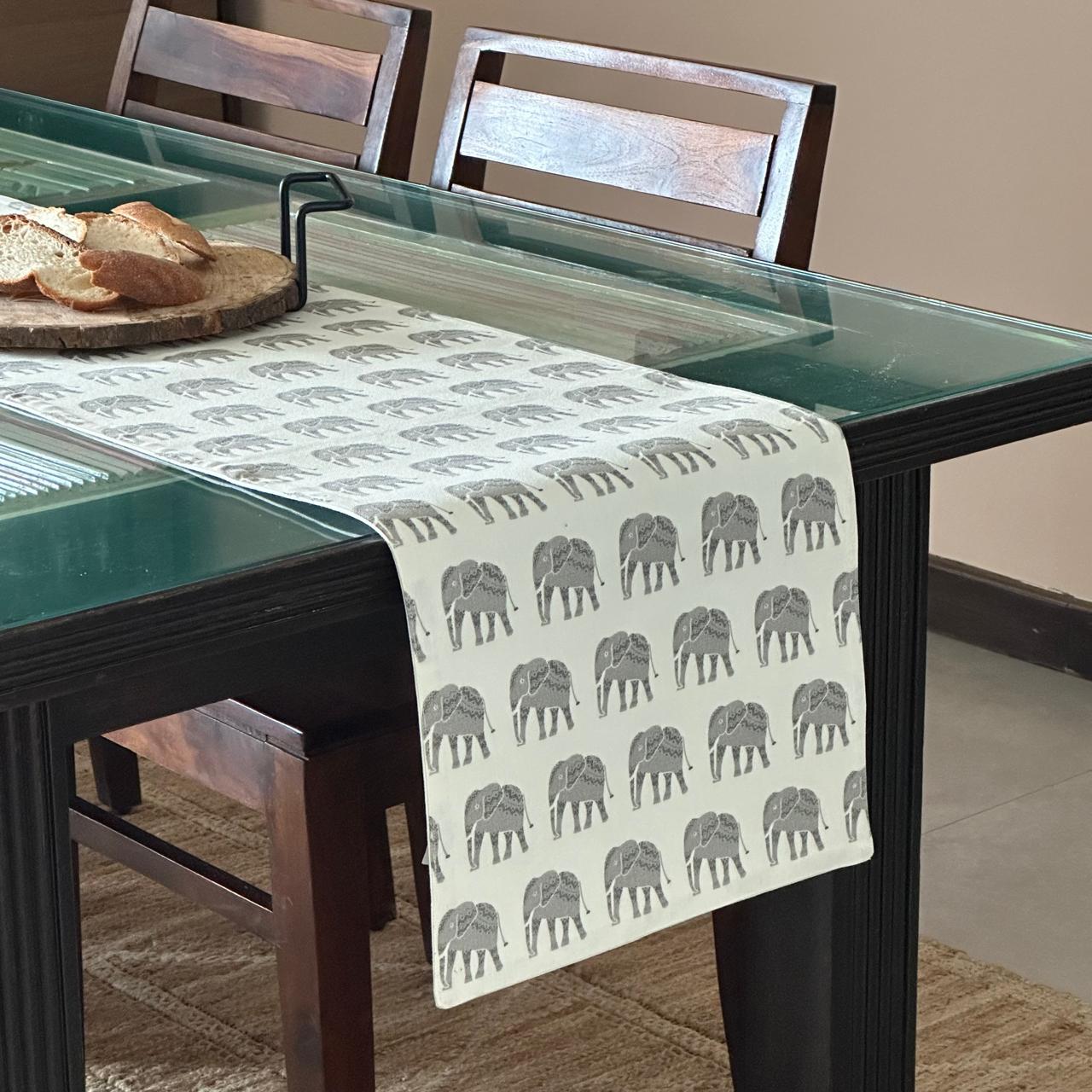 Oak Lily Table Runner – Grey Ivory Elephant Print 100% Cotton Premium European Quality