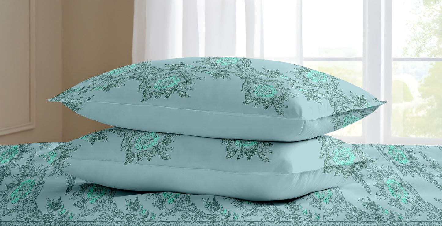 Oak & Lily King Size Flat Bedsheet | Floral Fantasy Blue | 100% Cotton | 210 TC | 2 Pillow Covers