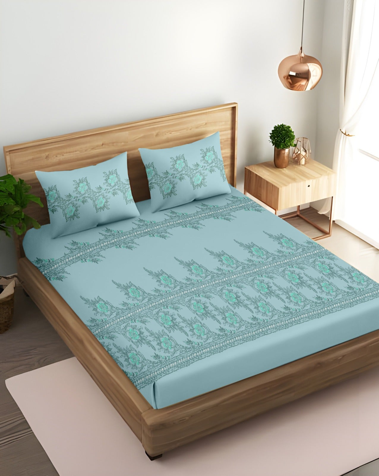 Oak & Lily King Size Flat Bedsheet | Floral Fantasy Blue | 100% Cotton | 210 TC | 2 Pillow Covers