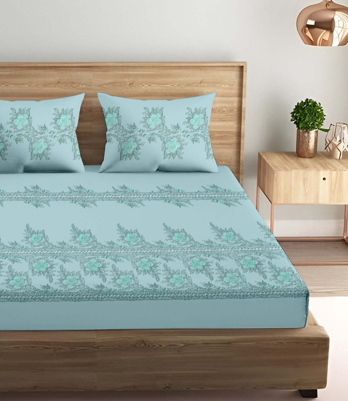 Oak & Lily King Size Flat Bedsheet | Floral Fantasy Blue | 100% Cotton | 210 TC | 2 Pillow Covers