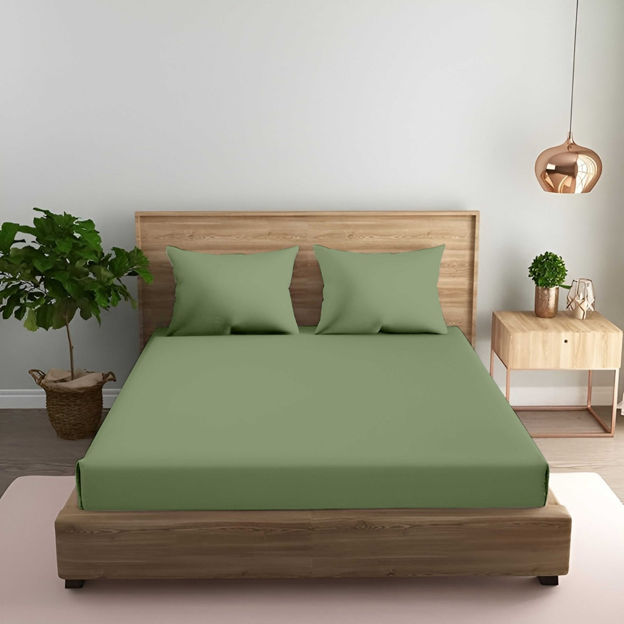Oak & Lily King Size Elastic Fitted Bedsheet – Solid Olive Green | 300 TC | 100% Cotton | 2 Pillow Covers | Soft, Breathable, European Quality