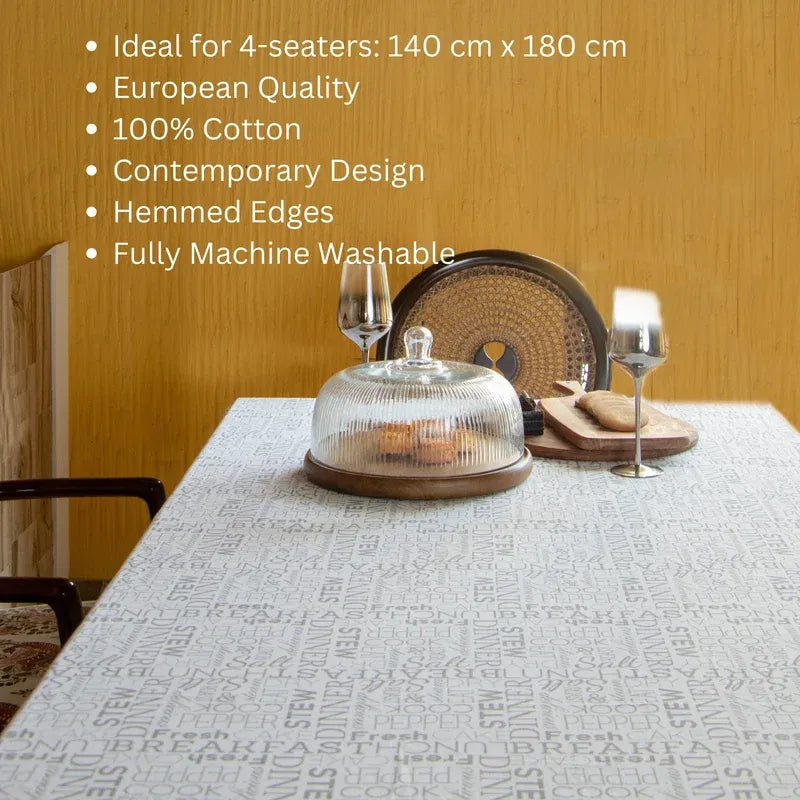 Oak & Lily Table Cloth – White & Grey Letter Print | 100% Cotton | Anti-Slip | Premium European Quality | 4-Seater Dining Table Cover