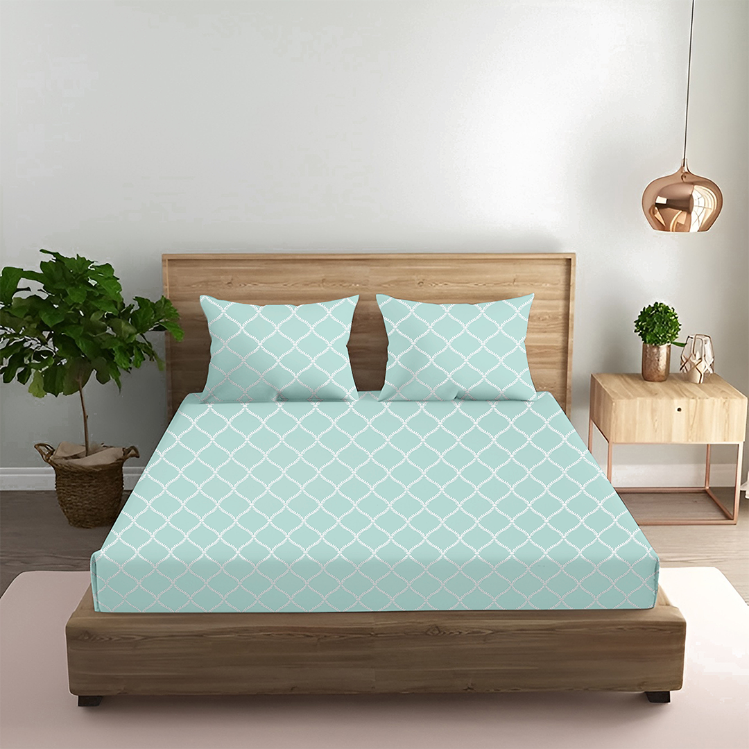 Oak & Lily King Size Bedsheet – Blossom Leaves Sea Green, Pink, Lt Grey | 210 TC | 100% Cotton | Flat | 2 Pillow Covers | Soft, Breathable, European Quality