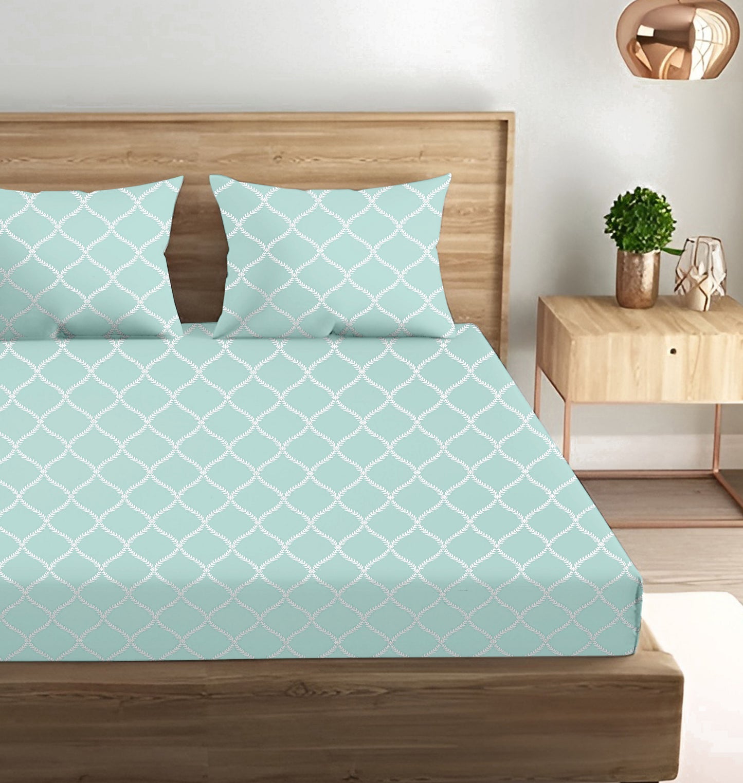 Oak & Lily King Size Bedsheet – Blossom Leaves Sea Green, Pink, Lt Grey | 210 TC | 100% Cotton | Flat | 2 Pillow Covers | Soft, Breathable, European Quality