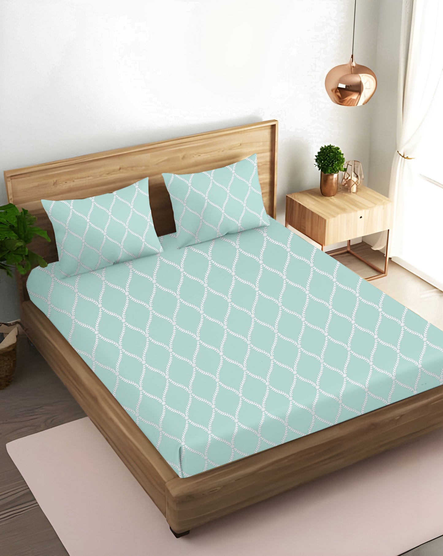 Oak & Lily King Size Bedsheet – Blossom Leaves Sea Green, Pink, Lt Grey | 210 TC | 100% Cotton | Flat | 2 Pillow Covers | Soft, Breathable, European Quality