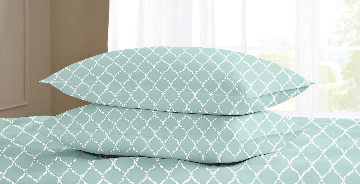 Oak & Lily King Size Bedsheet – Blossom Leaves Sea Green, Pink, Lt Grey | 210 TC | 100% Cotton | Flat | 2 Pillow Covers | Soft, Breathable, European Quality