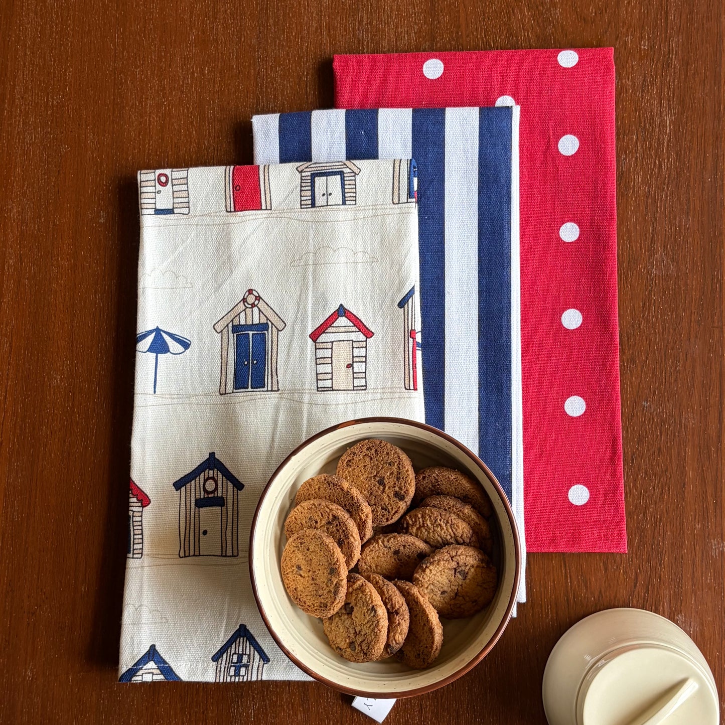 Oak & Lily Kitchen Towels – Beach House, Navy & White Stripe, Red Polka Dot| Set of 3 | 100% Cotton | European Quality | Super Absorbent & Anti-Bacterial