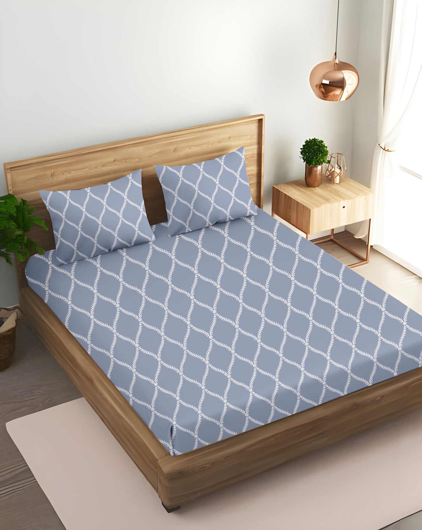 Oak & Lily King Size Bedsheet – Blossom Leaves Sea Green, Pink, Lt Grey | 210 TC | 100% Cotton | Flat | 2 Pillow Covers | Soft, Breathable, European Quality