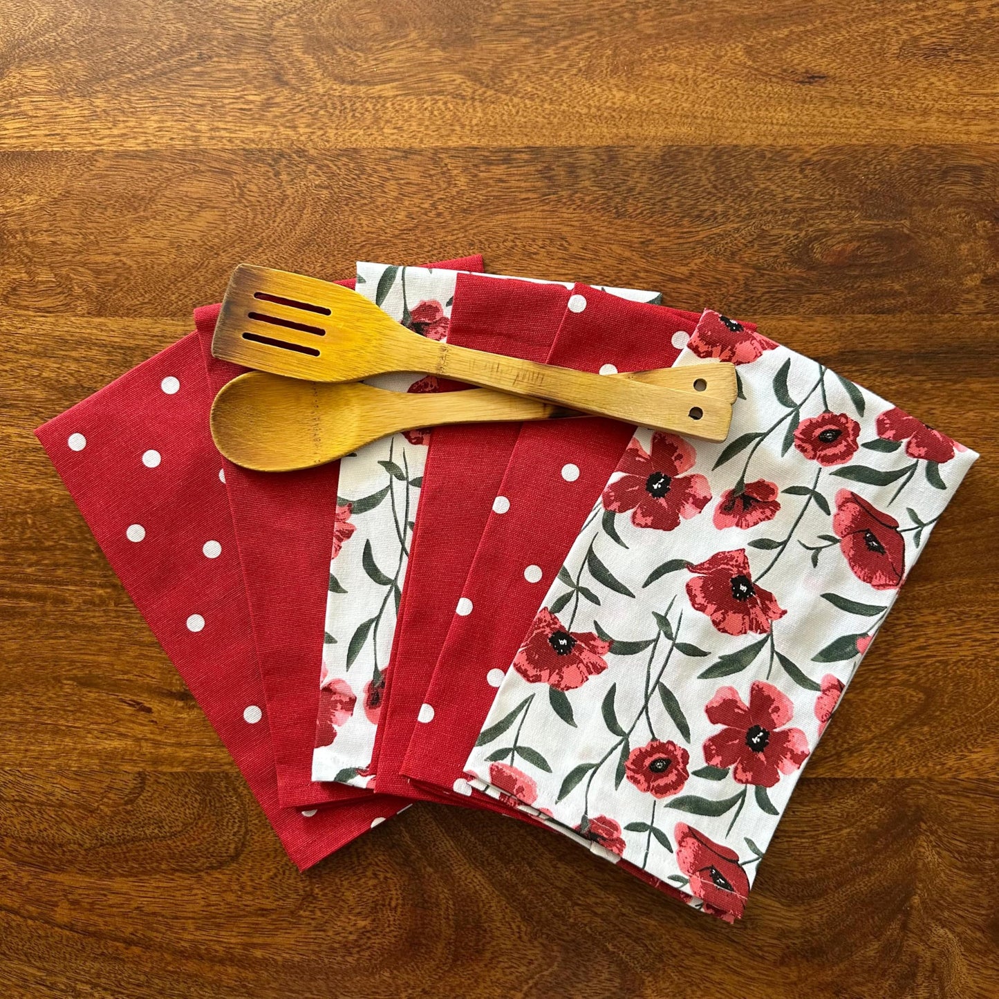 Oak & Lily Kitchen Towels – Red Poppy & Polka Print | Set of 6 | 100% Cotton | Anti-Bacterial | Premium European Quality