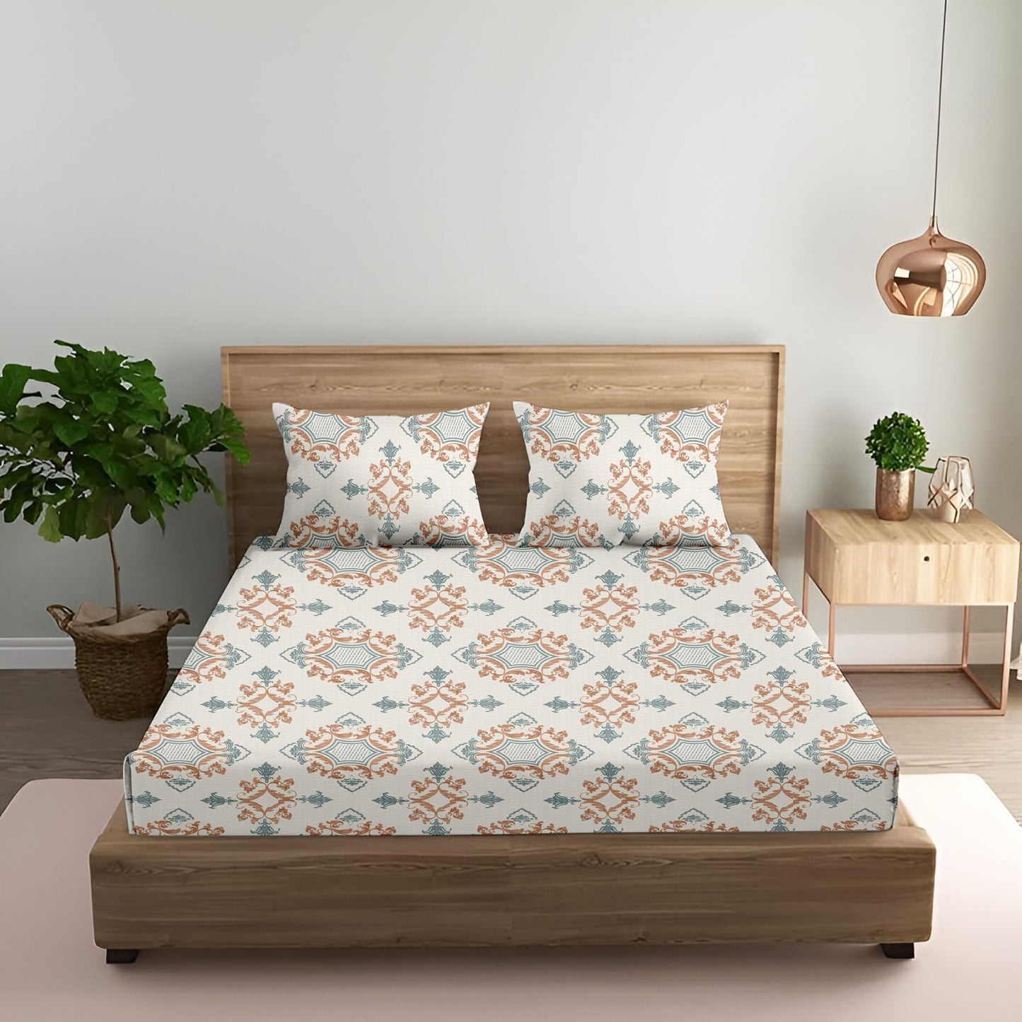 Oak & Lily King Size Bedsheet – Paradise Charm Orange & Blue | 210 TC | 100% Cotton | 2 Pillow Covers | Soft, Washable, Premium European Quality