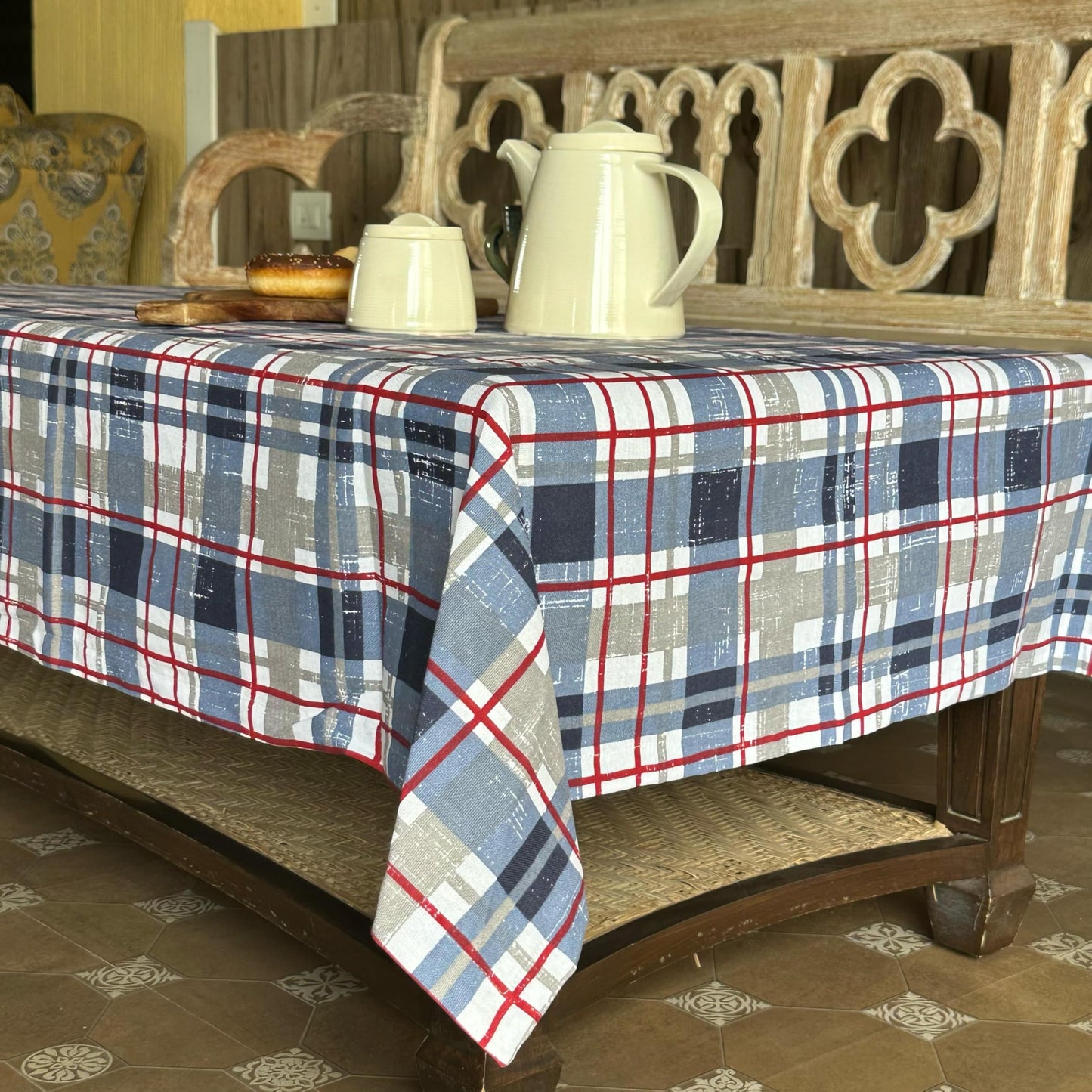 Oak & Lily Table Cloth – Elegant Blue Check Print | 100% Cotton | Anti-Slip | Premium European Quality | Washable Centre Table Cover