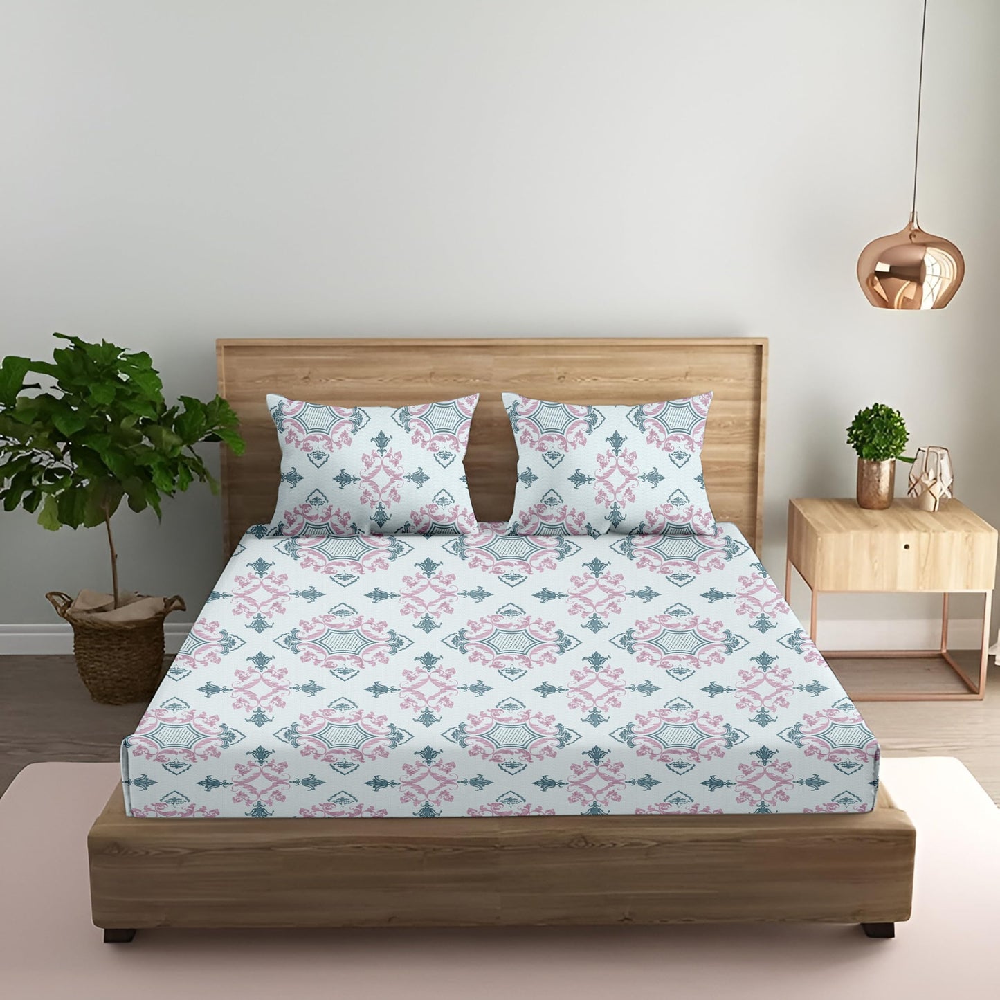 Oak & Lily King Size Bedsheet – Paradise Charm Blue & Pink | 210 TC | 100% Cotton | 2 Pillow Covers | Soft, Breathable, European Quality