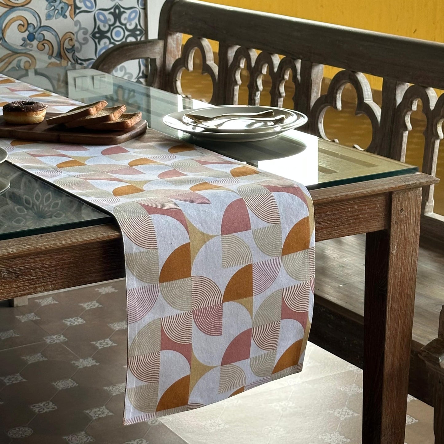 Oak & Lily Table Runner – Rust & Mustard Abstract Geometric Print | 100% Cotton | Premium European Quality