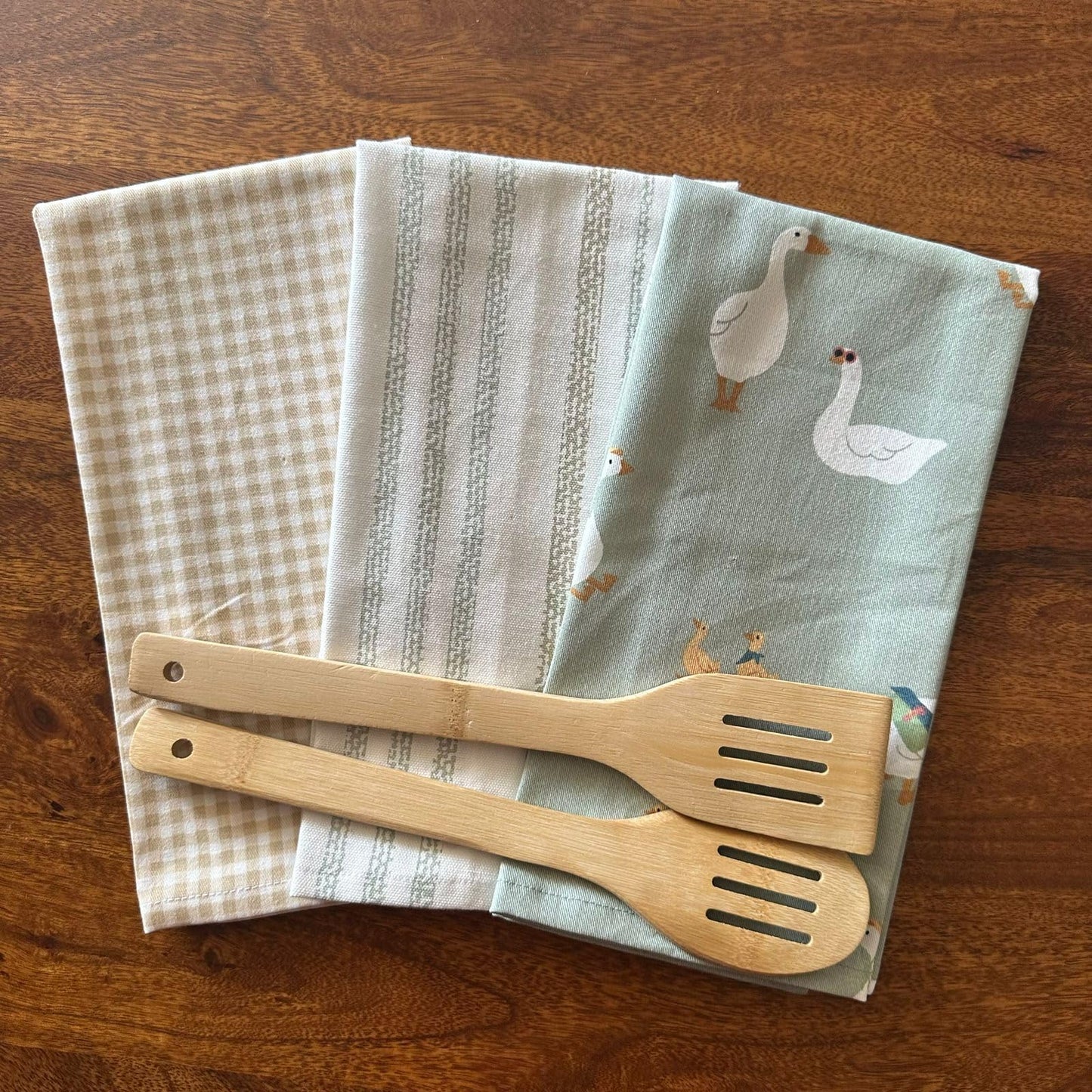 Oak & Lily Kitchen Towels – Green Duck, Stripes & Check Prints | Set of 3 | 100% Cotton | Super Absorbent | Premium Quality