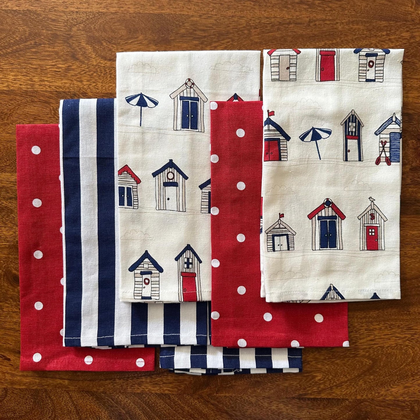 Oak & Lily Kitchen Towels – Red Polka, Beach Hut & Navy Stripes | Set of 6 | 100% Cotton | European Quality | Super Absorbent